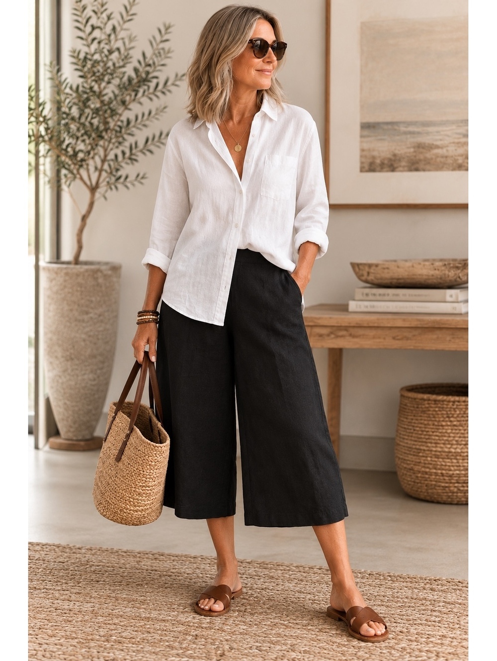 FLAX S Black Linen Culottes Wide Leg Crop Pants Lagenlook Minimalist